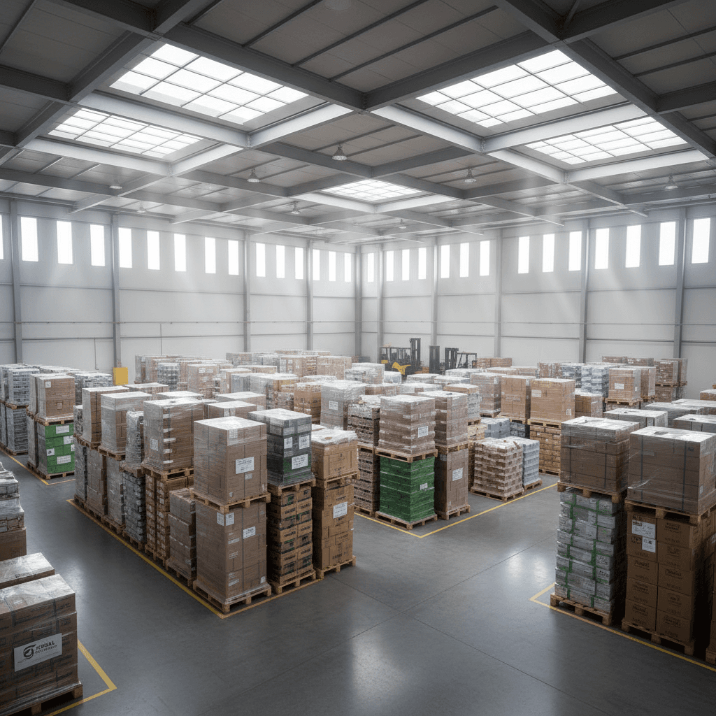 Warehouse with pallets of products