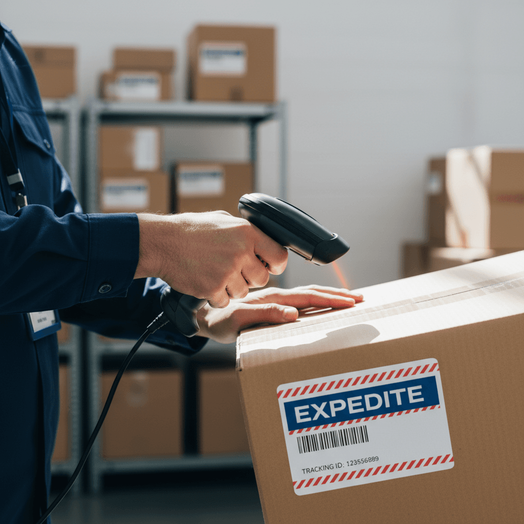 Courier worker scanning barcode on cardboard package using handheld device in bright warehouse environment