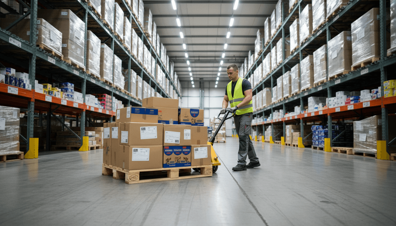 Warehouse worker moving wooden pallet with merchandise using pallet jack across organized warehouse floor