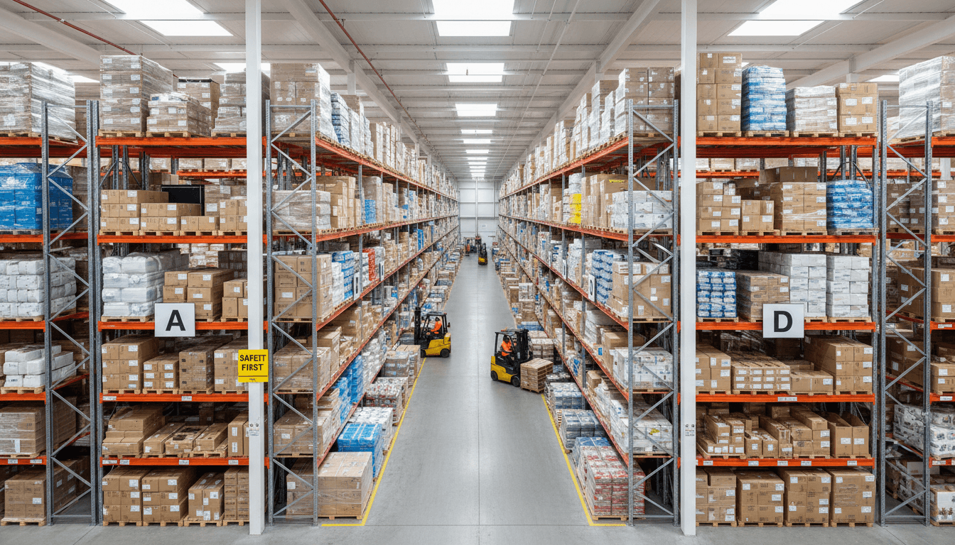 Forklift moving pallets in distribution warehouse